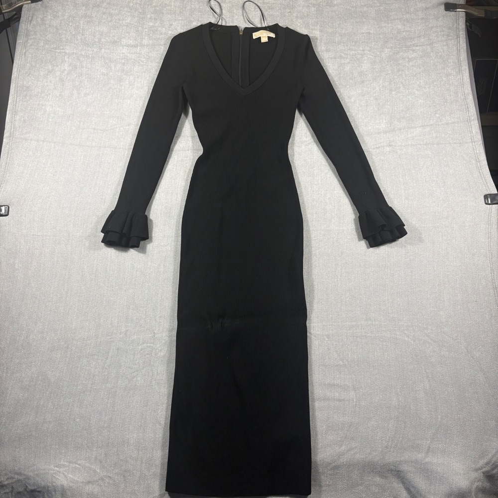 Michael Michael Kors Black Ribbed Knit Long Sleeve Ruffle Dress MF281EM33D S